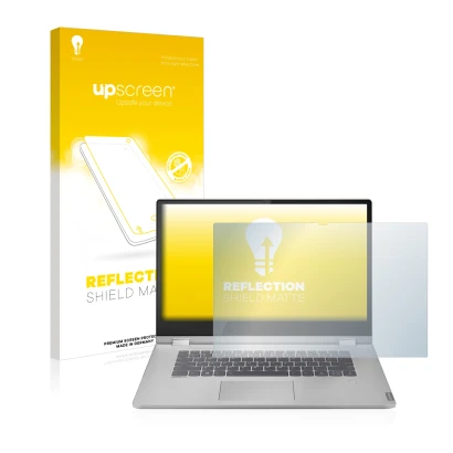 Face avant d’un emballage produit avec le logo de la marque upscreen. À côté, l’appareil Lenovo IdeaPad C340 15" est représent