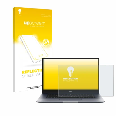 Face avant d’un emballage produit avec le logo de la marque upscreen. À côté, l’appareil Honor MagicBook 15" est représenté av