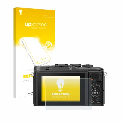 Face avant d’un emballage produit avec le logo de la marque upscreen. À côté, l’appareil Olympus PEN E-PL10 est représenté ave