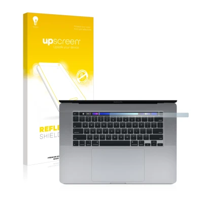 Face avant d’un emballage produit avec le logo de la marque upscreen. À côté, l’appareil Apple MacBook Pro 16" 2019 (Touch Bar