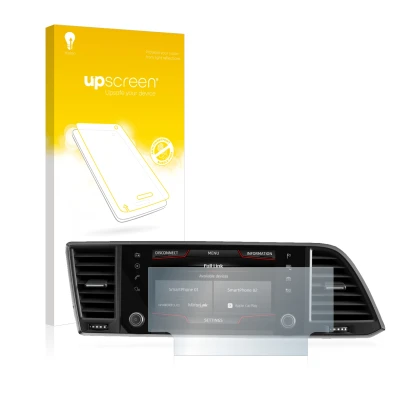 Face avant d’un emballage produit avec le logo de la marque upscreen. À côté, l’appareil Seat Ateca 2020 Media System 6.5" est