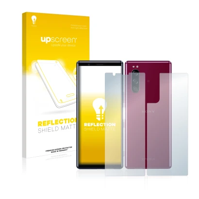 Face avant d’un emballage produit avec le logo de la marque upscreen. À côté, l’appareil Sony Xperia 5 (Avant+Arrière) est rep