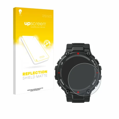 Face avant d’un emballage produit avec le logo de la marque upscreen. À côté, l’appareil Huami Amazfit T-Rex est représenté av