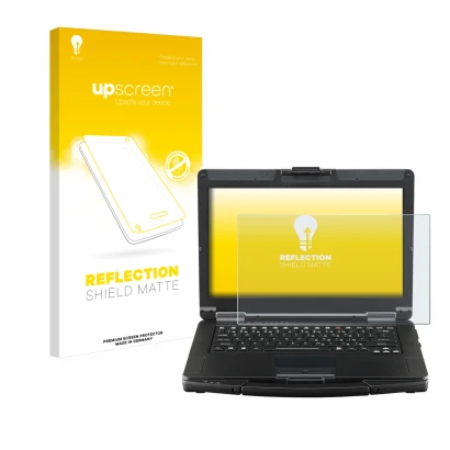 Face avant d’un emballage produit avec le logo de la marque upscreen. À côté, l’appareil Panasonic Toughbook FZ-55 Touch est r