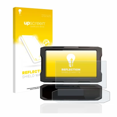 Face avant d’un emballage produit avec le logo de la marque upscreen. À côté, l’appareil Honda CRF1100L 2020 Affichage de la v