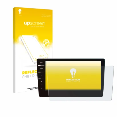 Face avant d’un emballage produit avec le logo de la marque upscreen. À côté, l’appareil Volkswagen Passat 2019 Discover Pro 9