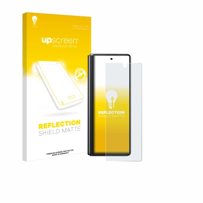 Face avant d’un emballage produit avec le logo de la marque upscreen. À côté, l’appareil Samsung Galaxy Z Fold 2 5G est représ
