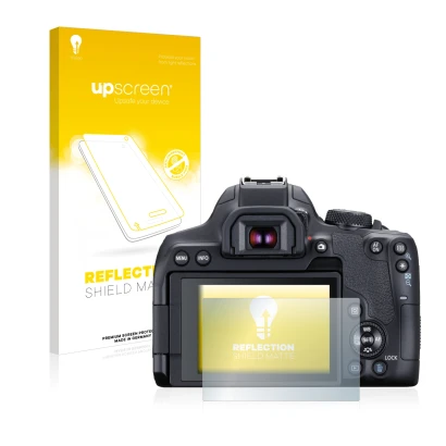 Face avant d’un emballage produit avec le logo de la marque upscreen. À côté, l’appareil Canon EOS 850D est représenté avec la