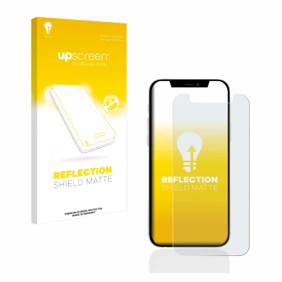 Face avant d’un emballage produit avec le logo de la marque upscreen. À côté, l’appareil Apple iPhone 12 mini est représenté a