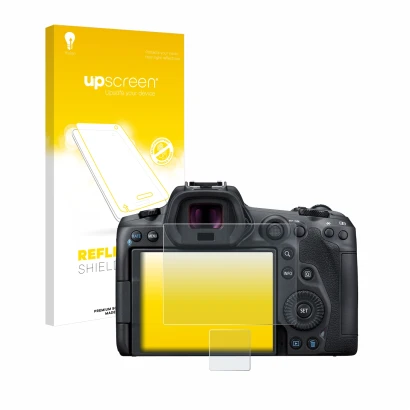 Face avant d’un emballage produit avec le logo de la marque upscreen. À côté, l’appareil Canon EOS R5 est représenté avec la p
