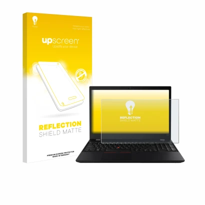 Face avant d’un emballage produit avec le logo de la marque upscreen. À côté, l’appareil Lenovo ThinkPad T590 Non-Touch est re