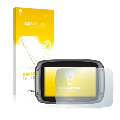 Face avant d’un emballage produit avec le logo de la marque upscreen. À côté, l’appareil TomTom Rider 50 est représenté avec l