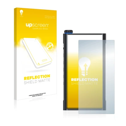 Face avant d’un emballage produit avec le logo de la marque upscreen. À côté, l’appareil FiiO M15 est représenté avec la prote