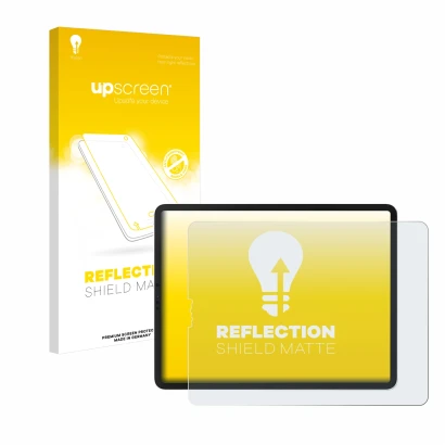 Face avant d’un emballage produit avec le logo de la marque upscreen. À côté, l’appareil Apple iPad Pro 12.9" WiFi 2020 (en pa