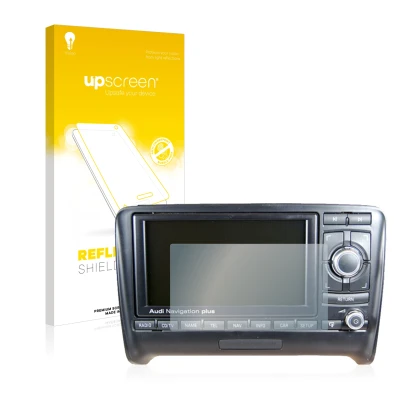 Face avant d’un emballage produit avec le logo de la marque upscreen. À côté, l’appareil Audi A3 8P 2004-2012 RNS-E est représ