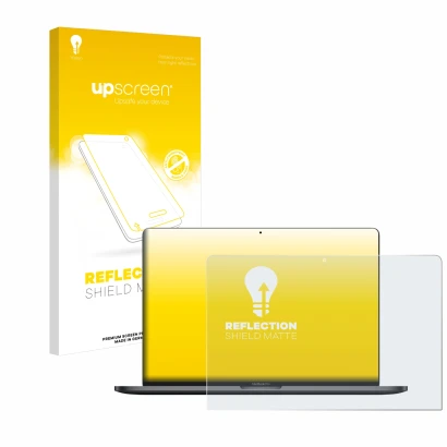 Face avant d’un emballage produit avec le logo de la marque upscreen. À côté, l’appareil Apple MacBook Pro 13" 2020 est représ