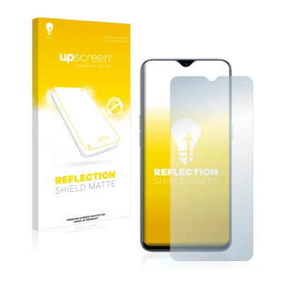 Face avant d’un emballage produit avec le logo de la marque upscreen. À côté, l’appareil realme X2 est représenté avec la prot
