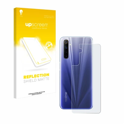 Face avant d’un emballage produit avec le logo de la marque upscreen. À côté, l’appareil realme 6 (Arrière) est représenté ave