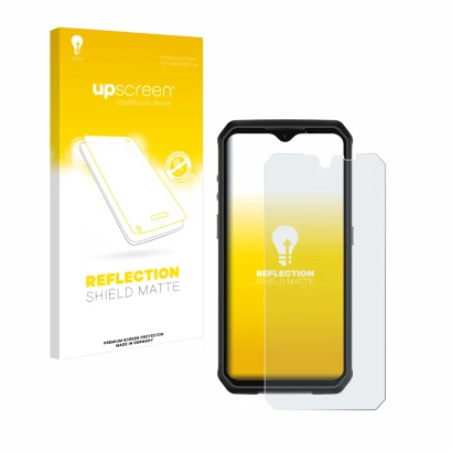 Face avant d’un emballage produit avec le logo de la marque upscreen. À côté, l’appareil Ulefone Armor 9 est représenté avec l