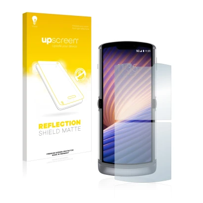 Face avant d’un emballage produit avec le logo de la marque upscreen. À côté, l’appareil Motorola Razr 5G 2020 est représenté