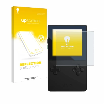 Face avant d’un emballage produit avec le logo de la marque upscreen. À côté, l’appareil Analogue Pocket est représenté avec l