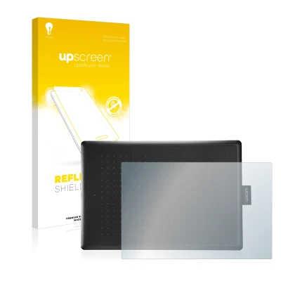 Face avant d’un emballage produit avec le logo de la marque upscreen. À côté, l’appareil Wacom One Medium est représenté avec 