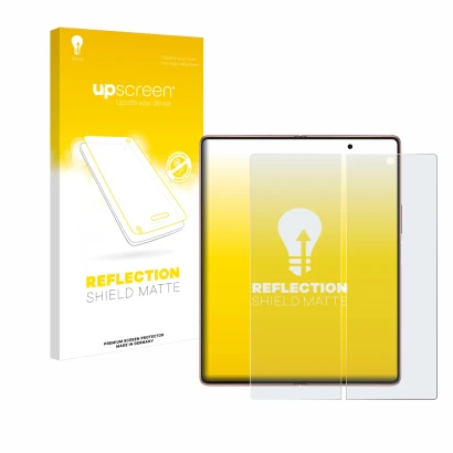 Face avant d’un emballage produit avec le logo de la marque upscreen. À côté, l’appareil Samsung Galaxy Z Fold 2 5G (Affichage