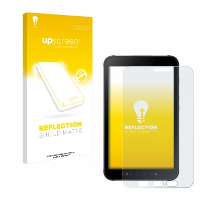 Face avant d’un emballage produit avec le logo de la marque upscreen. À côté, l’appareil Samsung Galaxy Tab Active 2 SM-T395 e