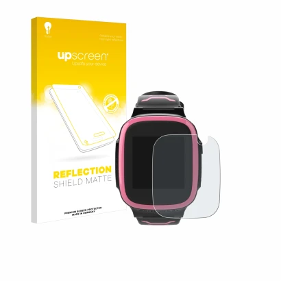 Face avant d’un emballage produit avec le logo de la marque upscreen. À côté, l’appareil Xplora X5 Play est représenté avec la