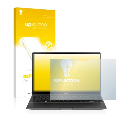 Face avant d’un emballage produit avec le logo de la marque upscreen. À côté, l’appareil ASUS ZenBook Flip 14 UX463FA est repr