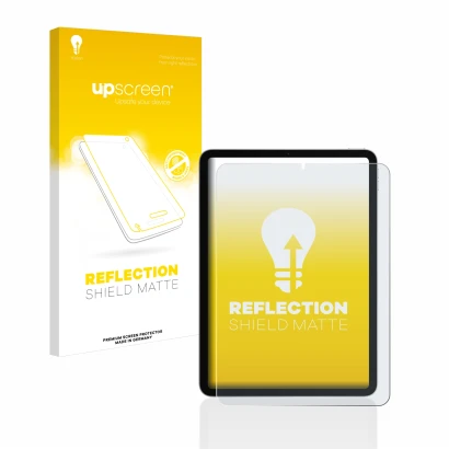 Face avant d’un emballage produit avec le logo de la marque upscreen. À côté, l’appareil Apple iPad Air 4 WiFi 2020 (4ème Gen.