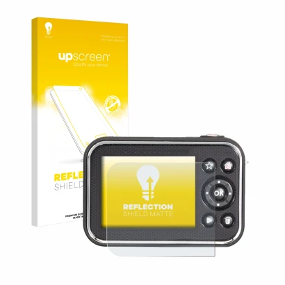 Face avant d’un emballage produit avec le logo de la marque upscreen. À côté, l’appareil Vtech Kidizoom Video Studio HD est re