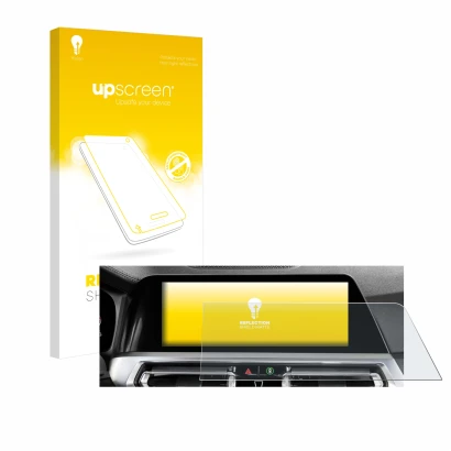 Face avant d’un emballage produit avec le logo de la marque upscreen. À côté, l’appareil BMW 3 G20 Limousine 2018 Infotainment