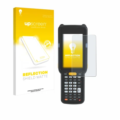 Face avant d’un emballage produit avec le logo de la marque upscreen. À côté, l’appareil Zebra MC330L est représenté avec la p