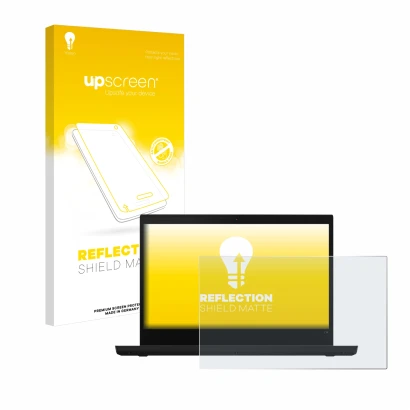 Face avant d’un emballage produit avec le logo de la marque upscreen. À côté, l’appareil Lenovo ThinkPad L14 est représenté av