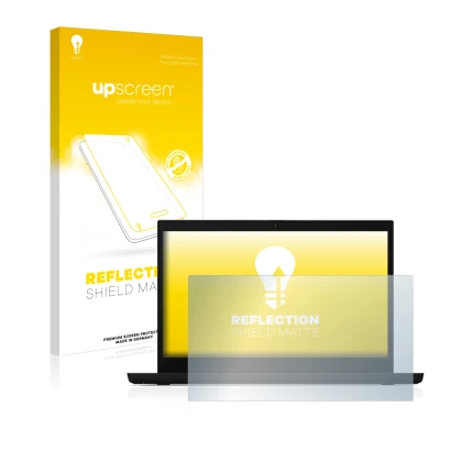 Face avant d’un emballage produit avec le logo de la marque upscreen. À côté, l’appareil Lenovo ThinkPad L15 est représenté av