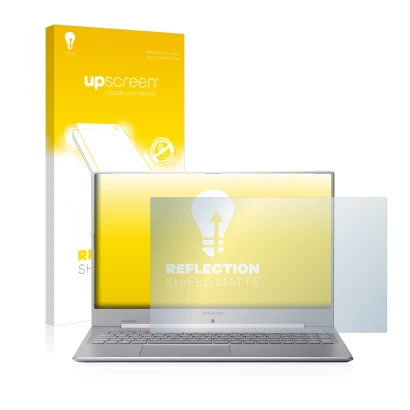 Face avant d’un emballage produit avec le logo de la marque upscreen. À côté, l’appareil MEDION Akoya S17403 est représenté av