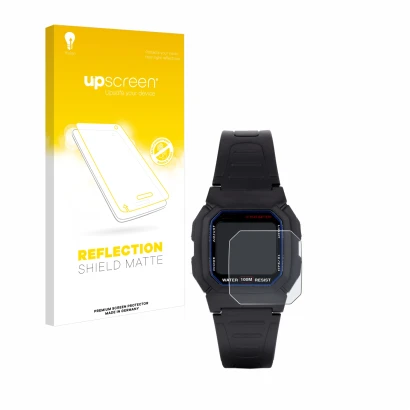 Face avant d’un emballage produit avec le logo de la marque upscreen. À côté, l’appareil Casio W-800H-1AVES est représenté ave