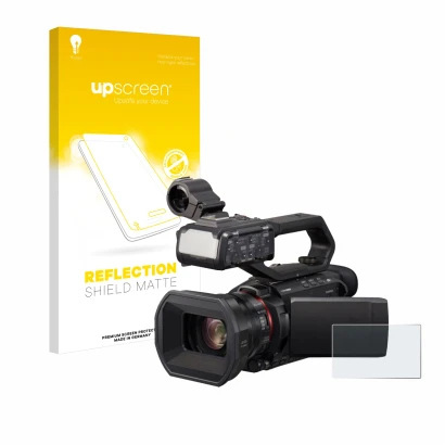 Face avant d’un emballage produit avec le logo de la marque upscreen. À côté, l’appareil Panasonic HC-X1500 est représenté ave