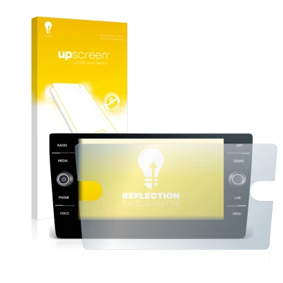 Face avant d’un emballage produit avec le logo de la marque upscreen. À côté, l’appareil Volkswagen T-Roc United TSI 2020 Disc