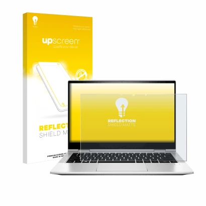Face avant d’un emballage produit avec le logo de la marque upscreen. À côté, l’appareil HP EliteBook x360 830 G8 est représen
