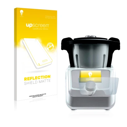 Face avant d’un emballage produit avec le logo de la marque upscreen. À côté, l’appareil SilverCrest Mini Monsieur Cuisine Con