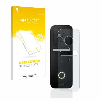 Face avant d’un emballage produit avec le logo de la marque upscreen. À côté, l’appareil Logitech Circle View Doorbell est rep
