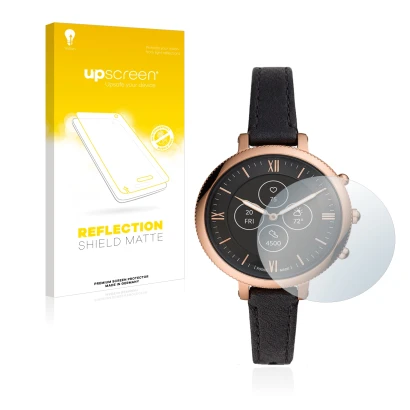 Face avant d’un emballage produit avec le logo de la marque upscreen. À côté, l’appareil Fossil Monroe Hybrid HR est représent