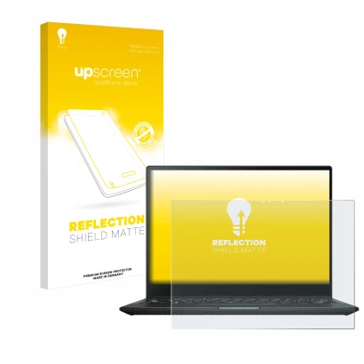 Face avant d’un emballage produit avec le logo de la marque upscreen. À côté, l’appareil ASUS Rog Flow X13 2022 est représenté