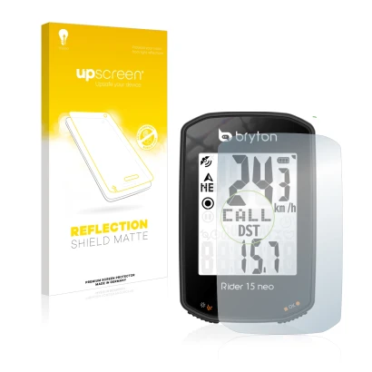 Face avant d’un emballage produit avec le logo de la marque upscreen. À côté, l’appareil Bryton Rider 15 neo est représenté av