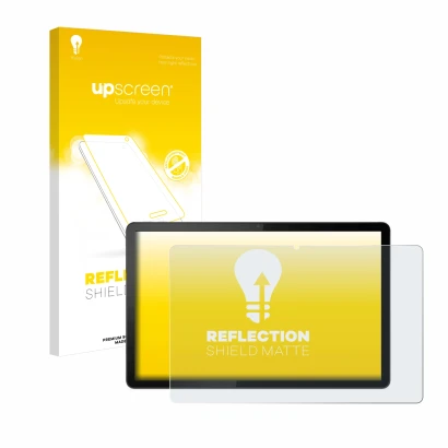 Face avant d’un emballage produit avec le logo de la marque upscreen. À côté, l’appareil Lenovo Tab P11 (en paysage) est repré