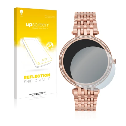Face avant d’un emballage produit avec le logo de la marque upscreen. À côté, l’appareil Michael Kors Access Darci Gen 5E est