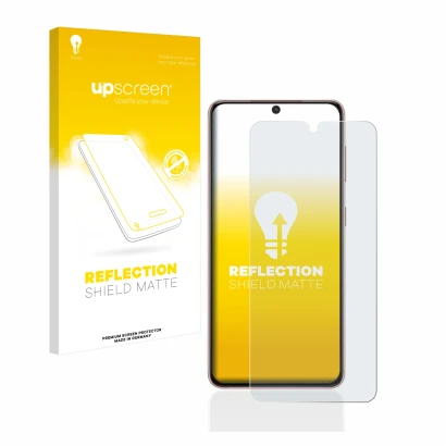 Face avant d’un emballage produit avec le logo de la marque upscreen. À côté, l’appareil Samsung Galaxy S21 est représenté ave