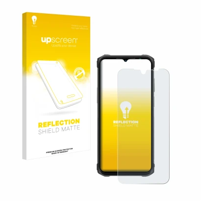 Face avant d’un emballage produit avec le logo de la marque upscreen. À côté, l’appareil Ulefone Armor 12 est représenté avec